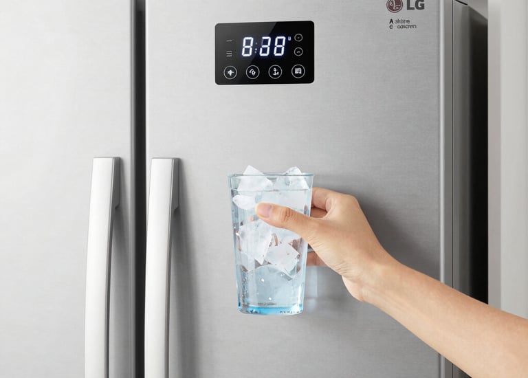 Close-up of a modern Samsung digital refrigerator with inverter system.