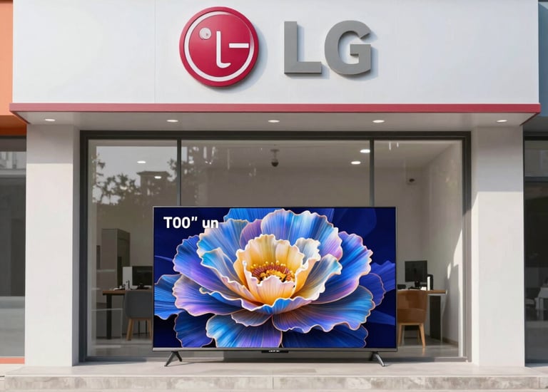 Technician repairing a modern 100-inch LG television in a cozy living room.