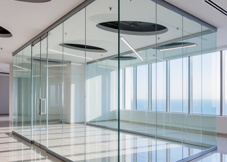 Cloison vitrée avec film dépoli et sablage personnalisé pour bureau