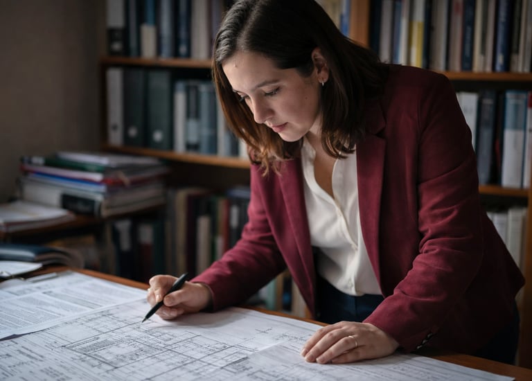 a woman in a red jacket is writing on a paper