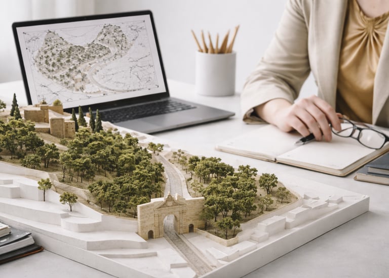 Consultoría técnica de patrimonio en Granada: maqueta de entorno BIC junto a ordenador portátil con