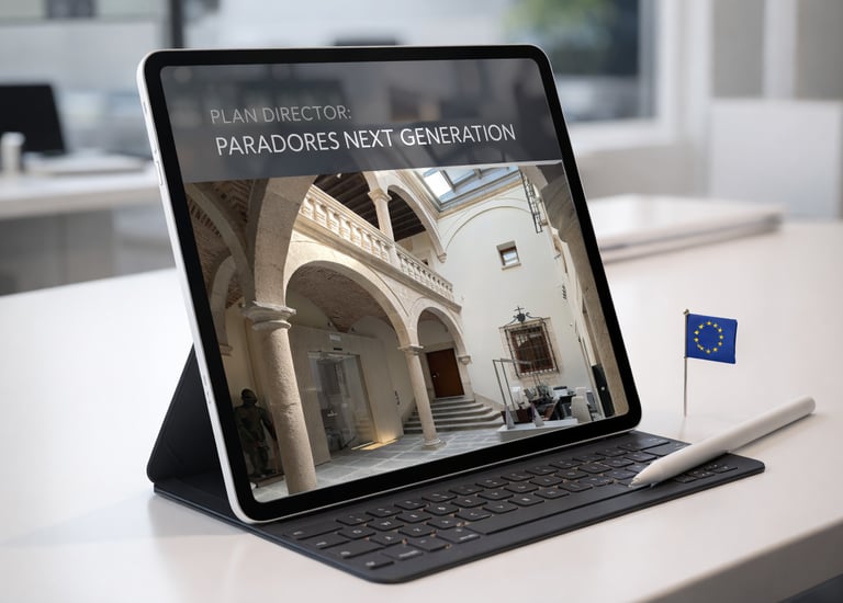 Tablet mostrando la portada del Plan Director de Conservación de Paradores (Mérida, Cáceres, Trujill