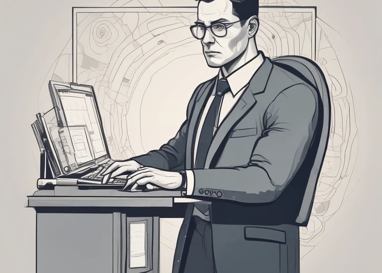 Compliance officer analyzing legal documents with a focused expression.