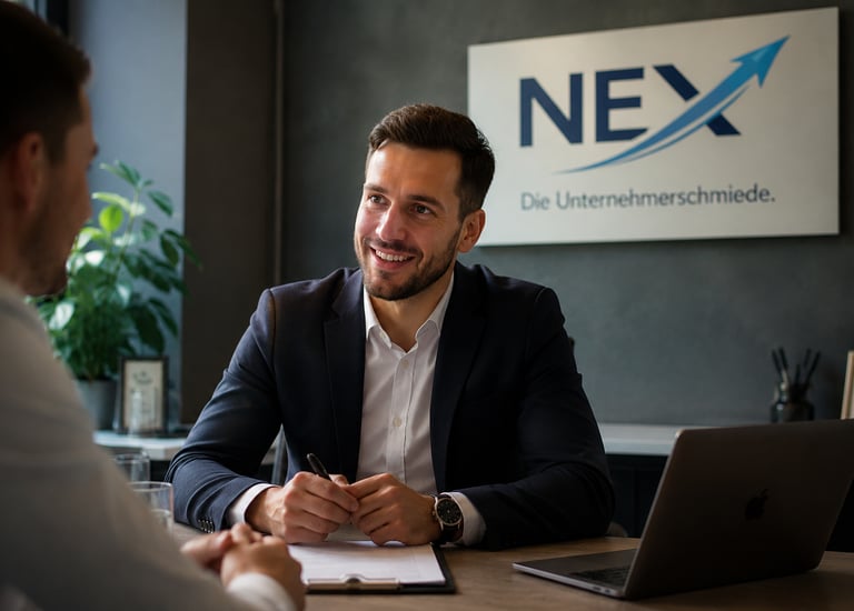 Persönliches Beratungsgespräch bei NEX – Unternehmer bespricht Karriere- und Entwicklungsmöglichkeiten im Finanzbereich.