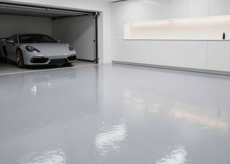 Polyaspartic garage floor coating with decorative finish in modern residential garage