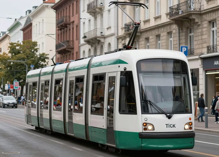 A panoramic shot of a busy urban tram network with modern infrastructure and clean lines.