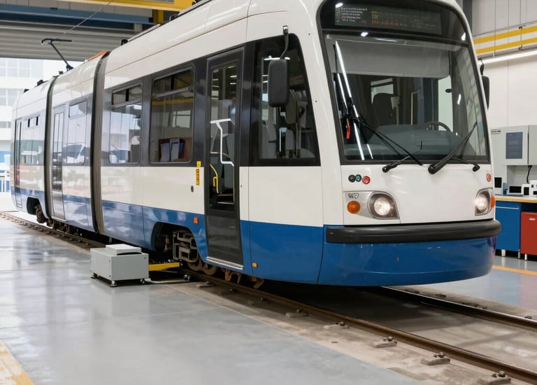 Engineers inspecting high-tech railway components in a state-of-the-art workshop.