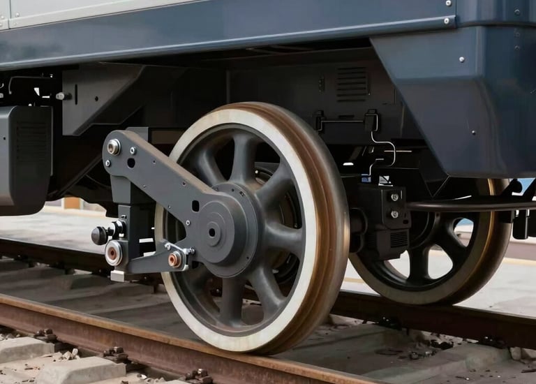 Close-up of metallic tram wheels and suspension system under bright industrial lighting.