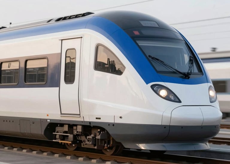A sleek modern tram gliding through a cityscape at dusk, highlighting advanced engineering.
