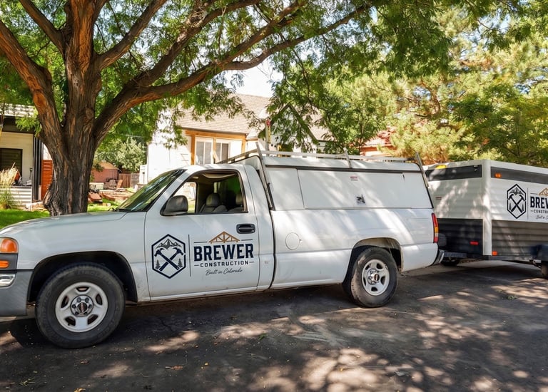 Dennis Brewer Construction work truck parked on a residential street in Denver.