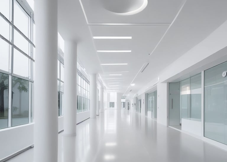 Minimalist hospital corridor in light pastel colors with clean architectural details.