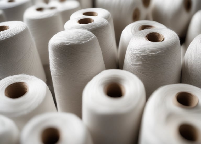 Stacks of colorful threads and yarns neatly arranged in a warehouse.