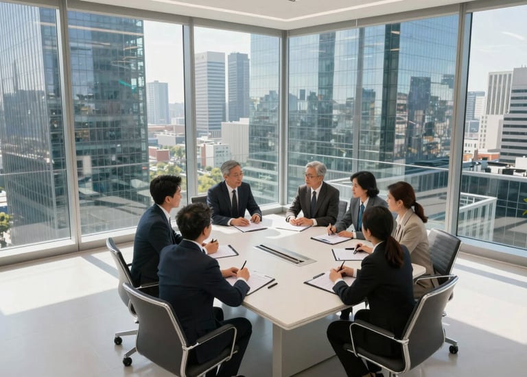 Business team discussing industry trends and market insights in a corporate meeting