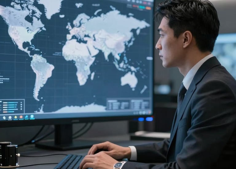 Business professional analyzing global markets for market entry and expansion strategy