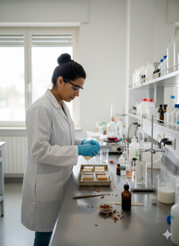 A scientist in a white lab coat pouring liquid into molds for handmade soap production.