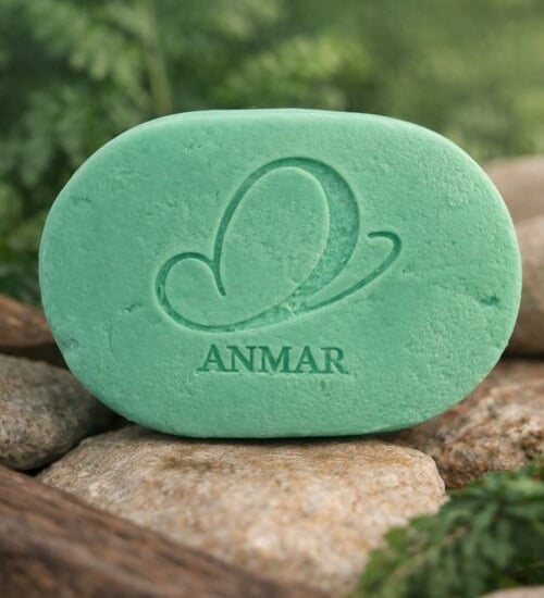 Anmar oval green natural soap bar with butterfly logo resting on river stones outdoors.