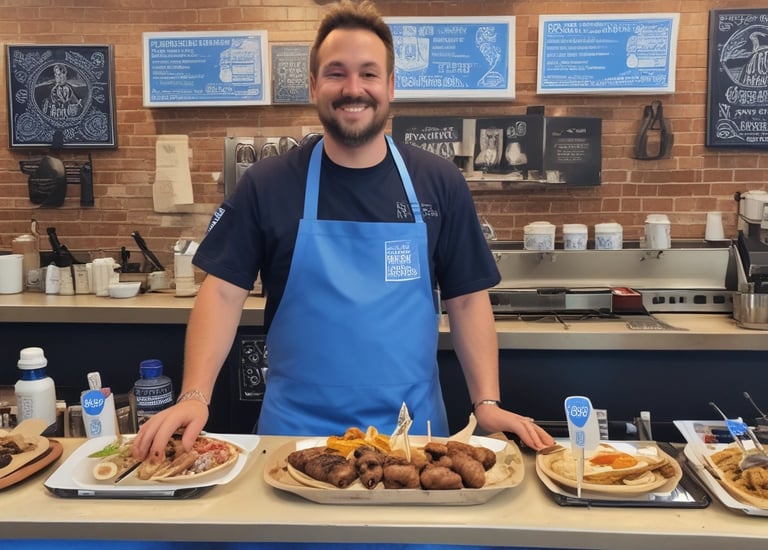 A smiling Airbnb host handing a guest a QR code card in a cozy Greek apartment.