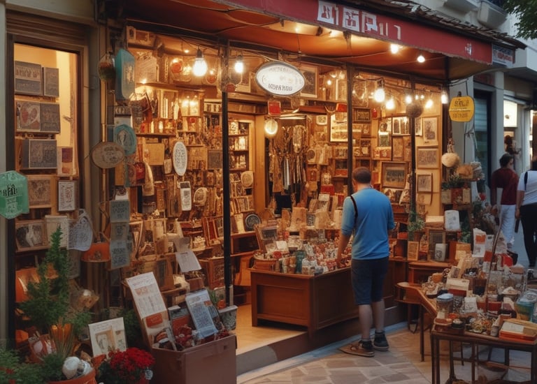 A bustling Greek market scene with tourists scanning QR codes at vendor stalls.