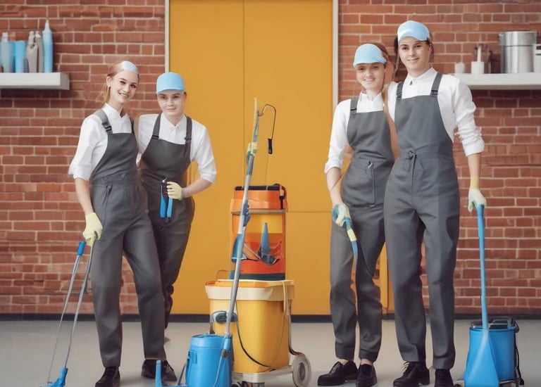 Professional cleaner tidying a modern apartment hallway.