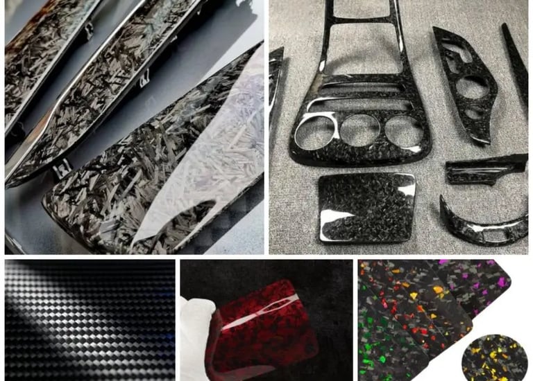 Custom forged carbon fiber automotive interior trim parts with gloss finish and multi-color flakes.