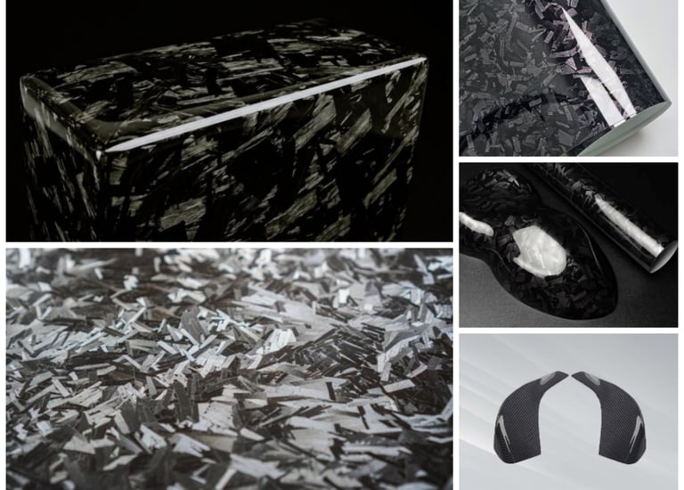 A collage showcasing various forged carbon fiber textures and vinyl wrap finishes for automotive customization.