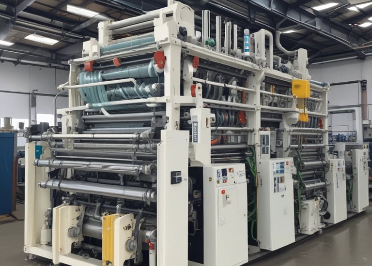 Brightly lit factory floor with machines producing plastic bags.