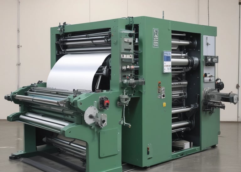 Close-up of a printing press applying vibrant designs on film sheets.