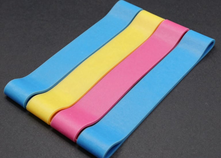 A neatly arranged set of colorful resistance bands on a light wooden floor.