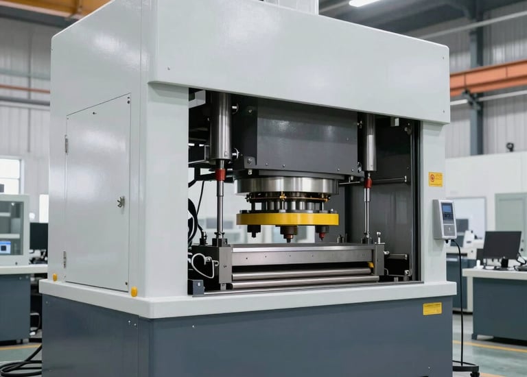 Industrial press machine with safety guards in a spacious workshop.
