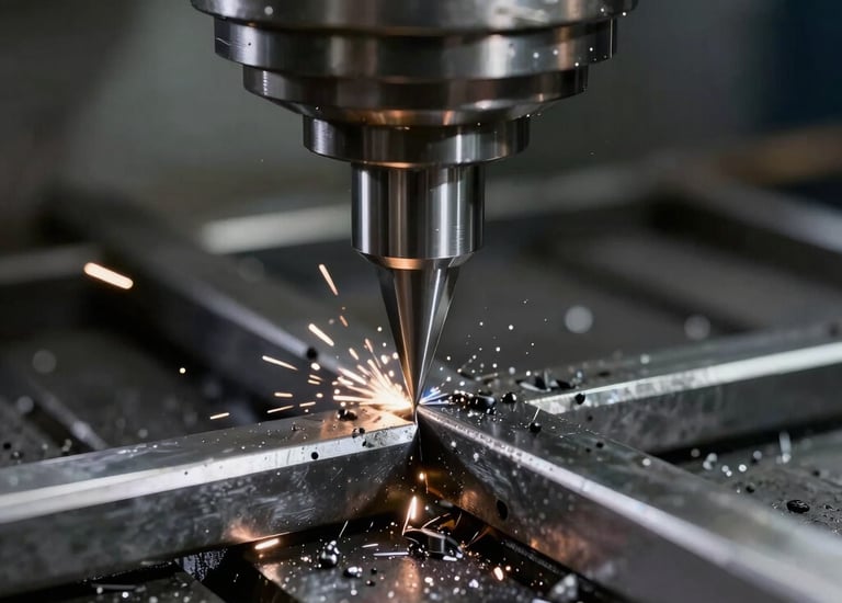 Wide shot of a robotic arm assembling machine parts on a production line.