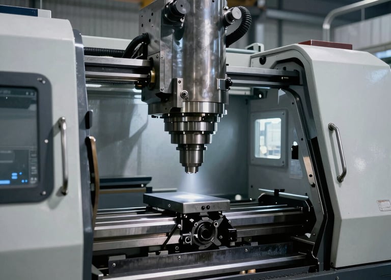 A heavy-duty lathe machine in a bright, organized factory setting.