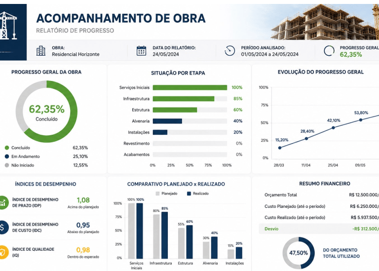 Construction progress report dashboard showing charts, performance indices, and project evolution metrics.