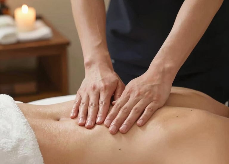 Comfortable massage table with fresh linens in a softly lit room.