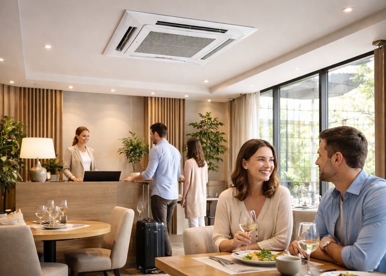 A couple dining in a hotel restaurant with a ceiling-mounted cassette air conditioner unit overhead.