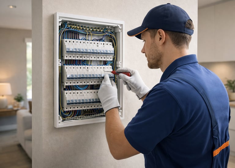 Professional electrician wearing gloves while repairing a modern home electrical circuit breaker panel.