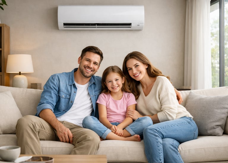 A happy family sitting on a sofa under a wall-mounted ductless mini-split air conditioner.