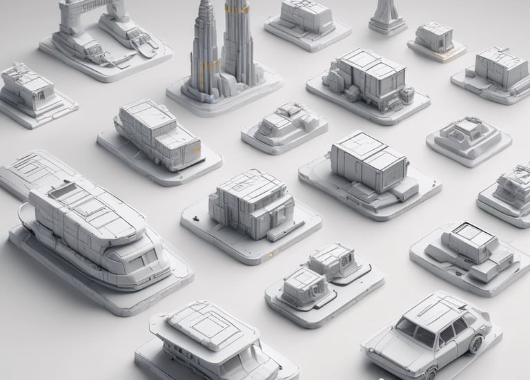 Finished physical models displayed on a clean white surface.