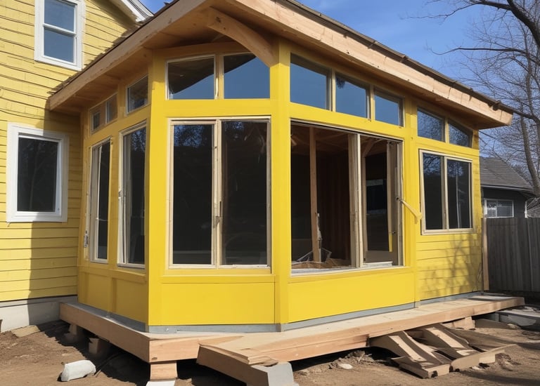 A backyard home addition under construction with yellow siding, new windows, and flat roof installation.