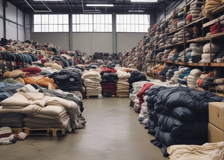 Close-up of hands sorting through a pile of gently used clothing in muted grey tones.