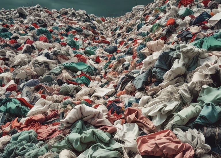 A monochrome shot of folded recycled fabric stacks arranged neatly on shelves.