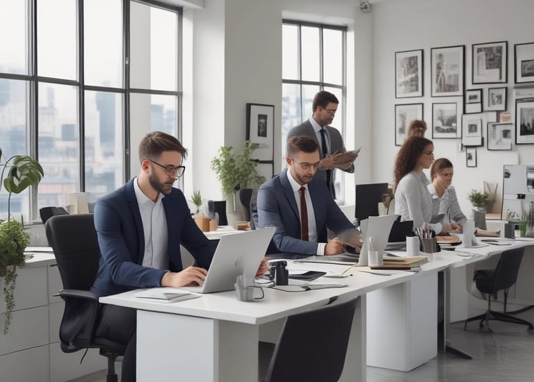 A diverse group of professionals shaking hands after an interview.