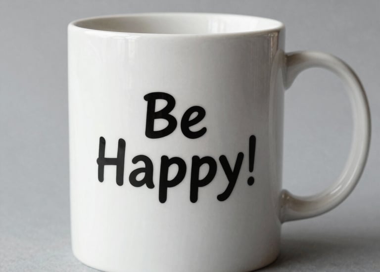 Personalized mugs and t-shirts arranged on a clean white table, showcasing colorful sublimation designs.
