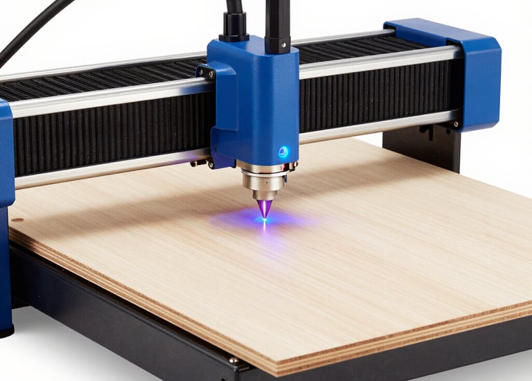A craftsman working closely on laser engraving a wooden plaque with precise detail.