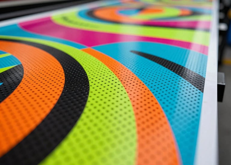 Finished custom printed banners and promotional materials displayed neatly.