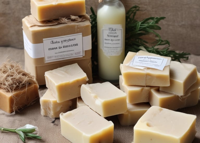 A vendor arranging fragrant candles and bath products wrapped in rustic packaging.