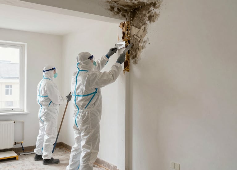 Mold inspection in progress with a technician using moisture meter on drywall.
