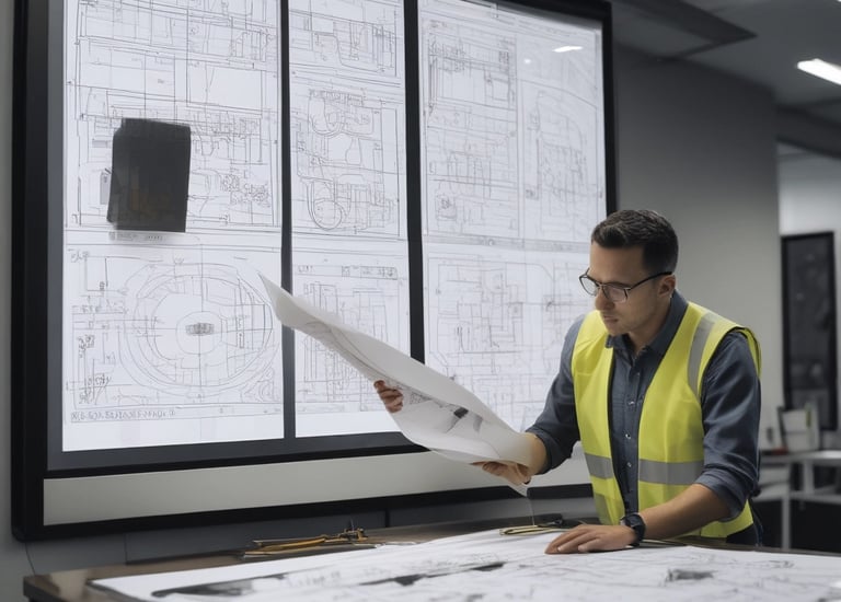 A team of engineers reviewing blueprints on a construction site at sunrise.