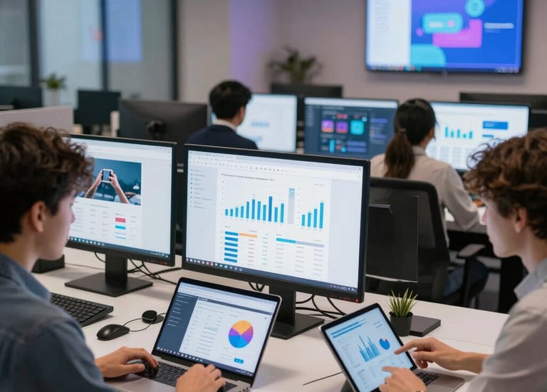 A sleek office meeting room with professionals discussing business plans.