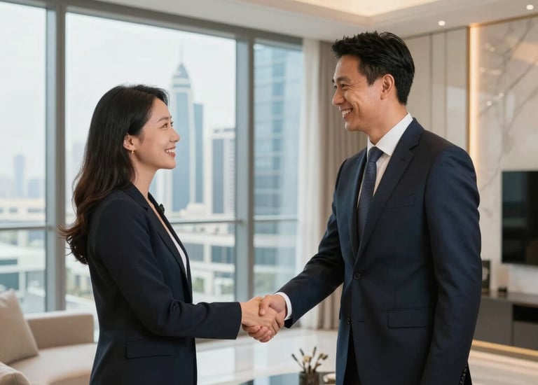 A modern real estate building with a clear blue sky backdrop.