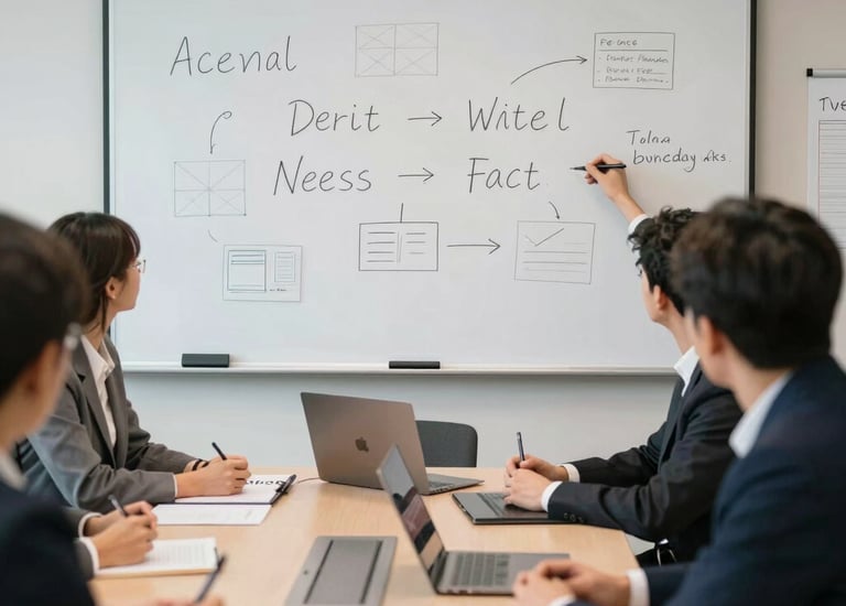 Photo of a team collaborating around a table with laptops and notes.
